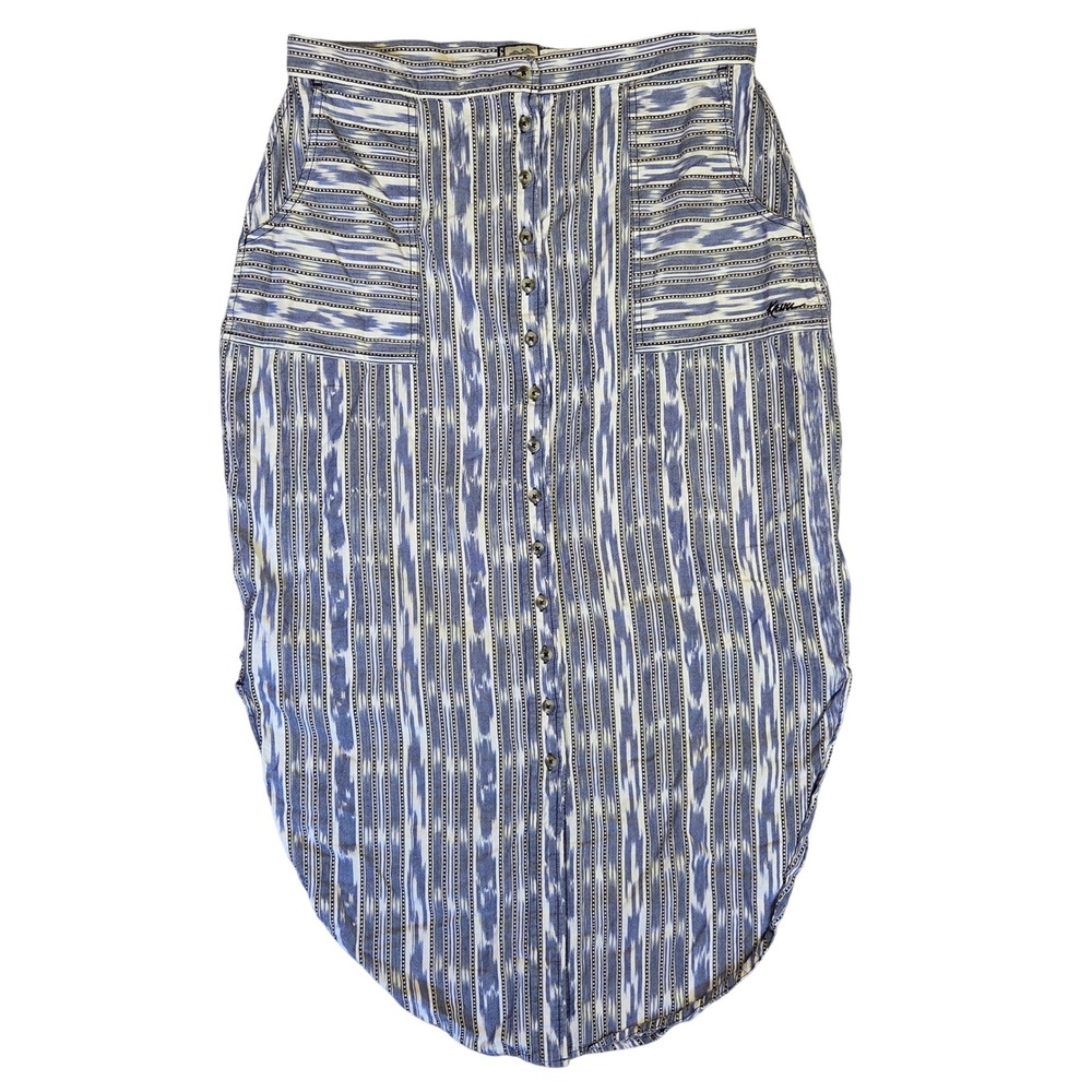 Kavu Blue White Ikat Stripe Button Front Midi Skirt Cotton Boho Outdooors L